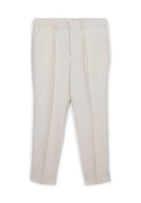 Pantaloni tailored beige chiaro con passanti per cintura, pieghe frontali e tasche laterali, esposti piatti su uno sfondo bianco.