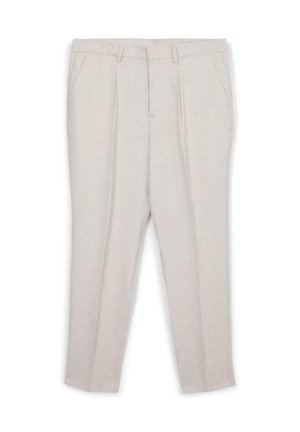 Pantaloni tailored beige chiaro con passanti per cintura, pieghe frontali e tasche laterali, esposti piatti su uno sfondo bianco.