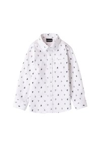 Camicia bianca a maniche lunghe con stampa nautica, caratterizzata da ancore e velieri blu navy, e una tasca sul petto.