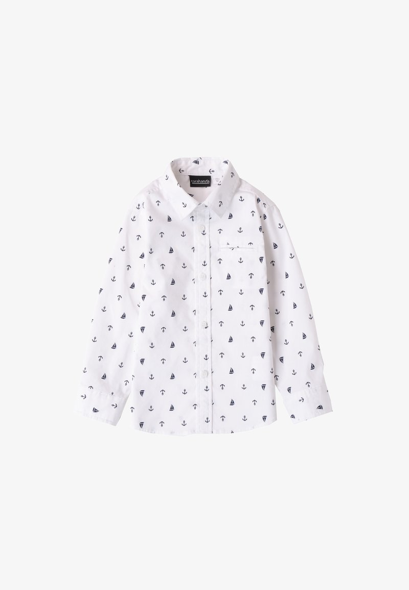 Camicia bianca a maniche lunghe con stampa nautica, caratterizzata da ancore e velieri blu navy, e una tasca sul petto.