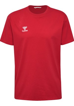 Rode katoenen T-shirt met een ronde hals, korte mouwen en een klein wit logo op de borst. Zachte textuur, casual ontwerp.