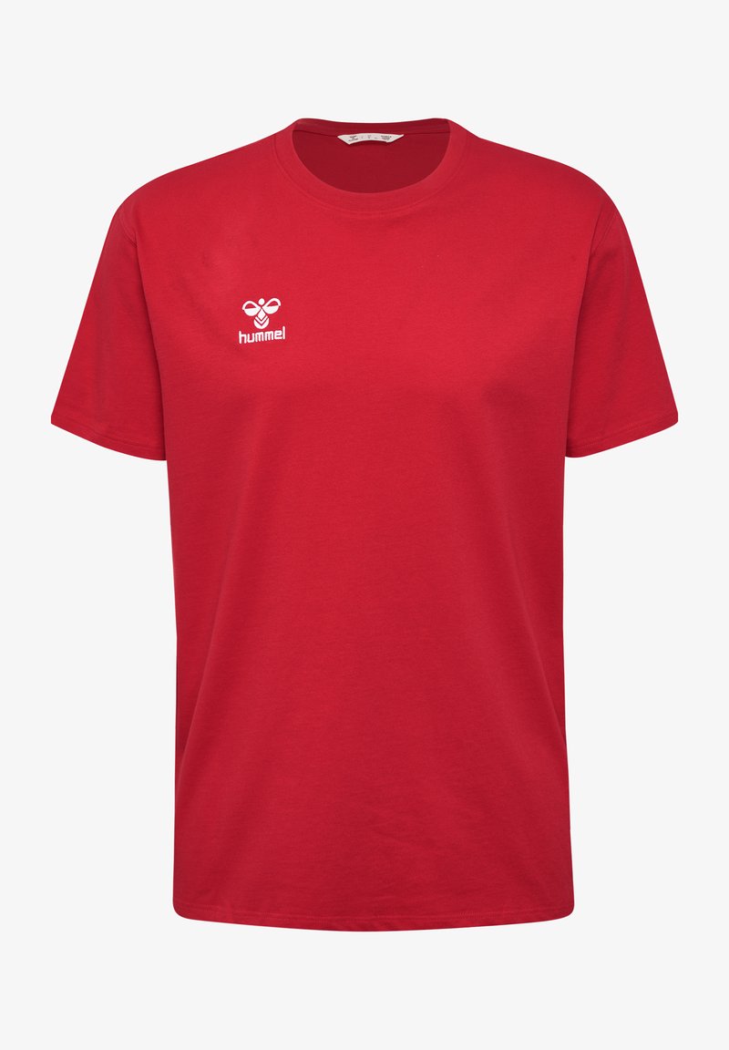 Rød bomulds T-shirt med rund hals, korte ærmer og et lille hvidt logo på brystet. Blød tekstur, afslappet design.