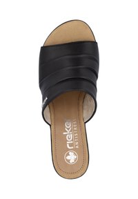 Black slide sandal with a padded, textured upper featuring horizontal pleats. Soft insole labeled "rieker ANTISTRESS," minimal hardware accents.