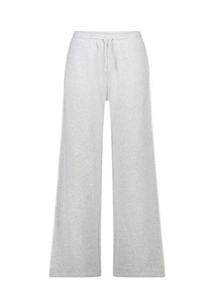 Gray, wide-leg sweatpants made of soft cotton. Features an elastic waistband with a drawstring and subtle side detailing.