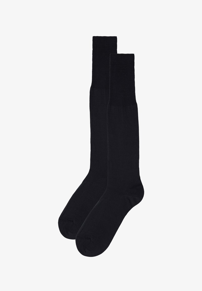 Czarne skarpetki za kolano wykonane z gładkiego, elastycznego materiału z wzmocnionym palcem i żebrowanym mankietem. Odpowiednie na różne okazje.