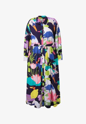 Robe midi à manches longues avec col et ceinture, présentant des motifs floraux et d'oiseaux vibrants en bleu, rose, vert, jaune et violet.