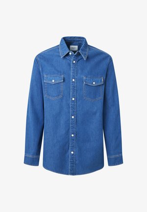 Mėlynas džinsinis marškinis su ilgomis rankovėmis, standartiniu apykakle, dviem krūtinės kišenėmis, mygtukų užsegimu priekyje ir kontrastingais siuvinėjimo detalėmis.