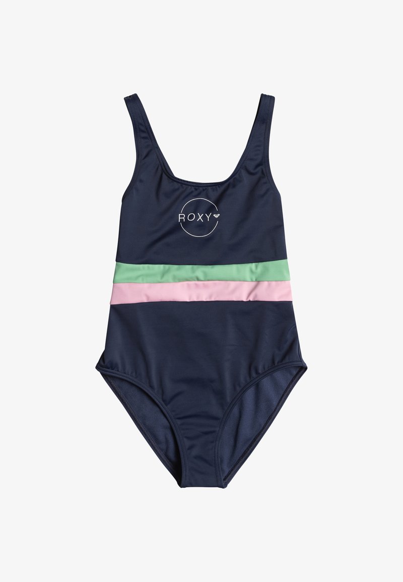 Navy one-piece swimsuit featuring a white Roxy logo, accented with horizontal mint green and light pink stripes across the midsection.