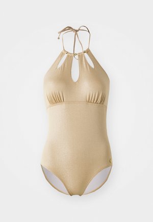 Costume da bagno intero in oro lucido con collo all'americana, dettagli a taglio e cintura elastica con un sottile accento del logo.