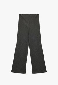 Geribbelde, donkergrijze wijde broek met een hoge tailleband. Zachte textuur en uitlopende stijl verbeteren het comfort en de bewegingsvrijheid.