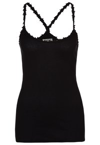 Camiseta sin mangas negra con finas tirantes entrecruzados, que presenta un ribete rizado texturizado a lo largo del escote y el dobladillo, hecha de una tela ligera.