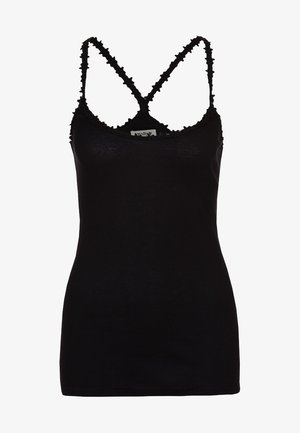 Camiseta sin mangas negra con finas tirantes entrecruzados, que presenta un ribete rizado texturizado a lo largo del escote y el dobladillo, hecha de una tela ligera.