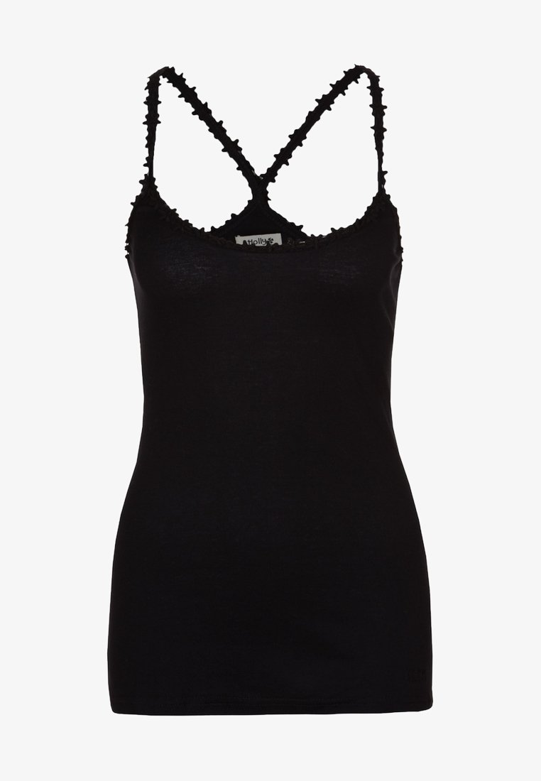 Camiseta sin mangas negra con finas tirantes entrecruzados, que presenta un ribete rizado texturizado a lo largo del escote y el dobladillo, hecha de una tela ligera.