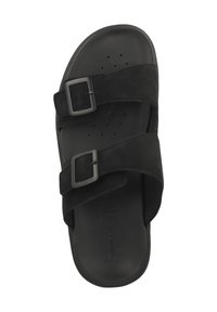 Svarta slidesandaler med två justerbara remmar med rektangulära spännen, tillverkade av texturerat material, med vadderad innersula och perforeringar.