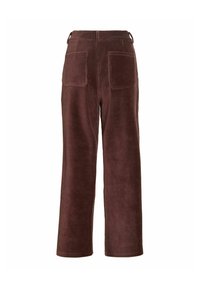 Pantalon en velours côtelé marron avec jambes larges et deux poches arrière carrées, vu de dos sur fond blanc.