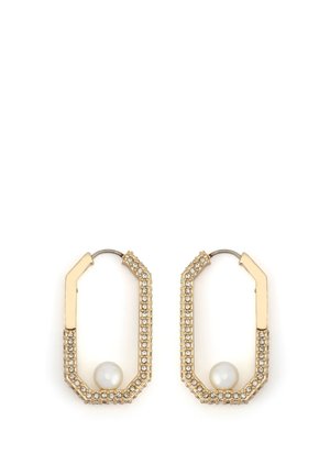 Gold-toned earrings featuring a geometric octagonal shape with clear rhinestones and a central white pearl detail.