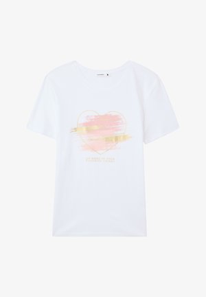 Biała bawełniana koszulka z krótkimi rękawami. Posiada grafikę różowego i złotego serca oraz napis "Zrób więcej swoich ulubionych rzeczy" poniżej.