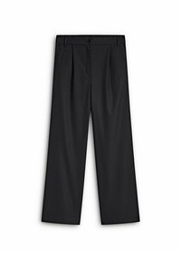 Pantalons larges noirs à rayures, avec une fermeture à bouton, des plis à l'avant et une texture de tissu lisse.