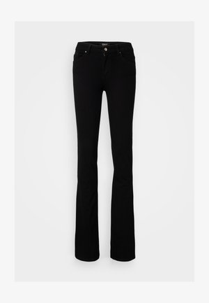 Svart stretch denim flare-jeans med knäppning, fyra fickor och en slät yta, designade för en figurnära siluett.