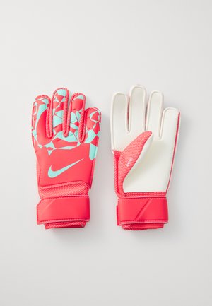 Guanti da portiere Nike rossi e aqua con grip texture e un motivo geometrico sul dorso della mano. Presentano un palmo bianco e un cinturino da polso regolabile.