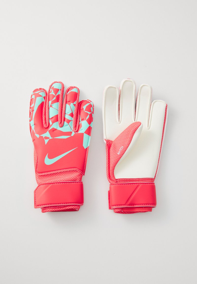 Röda och aqua Nike målvakts handskar med strukturerat grepp och ett geometriskt mönster på baksidan. Har en vit palm och justerbart handledsband.
