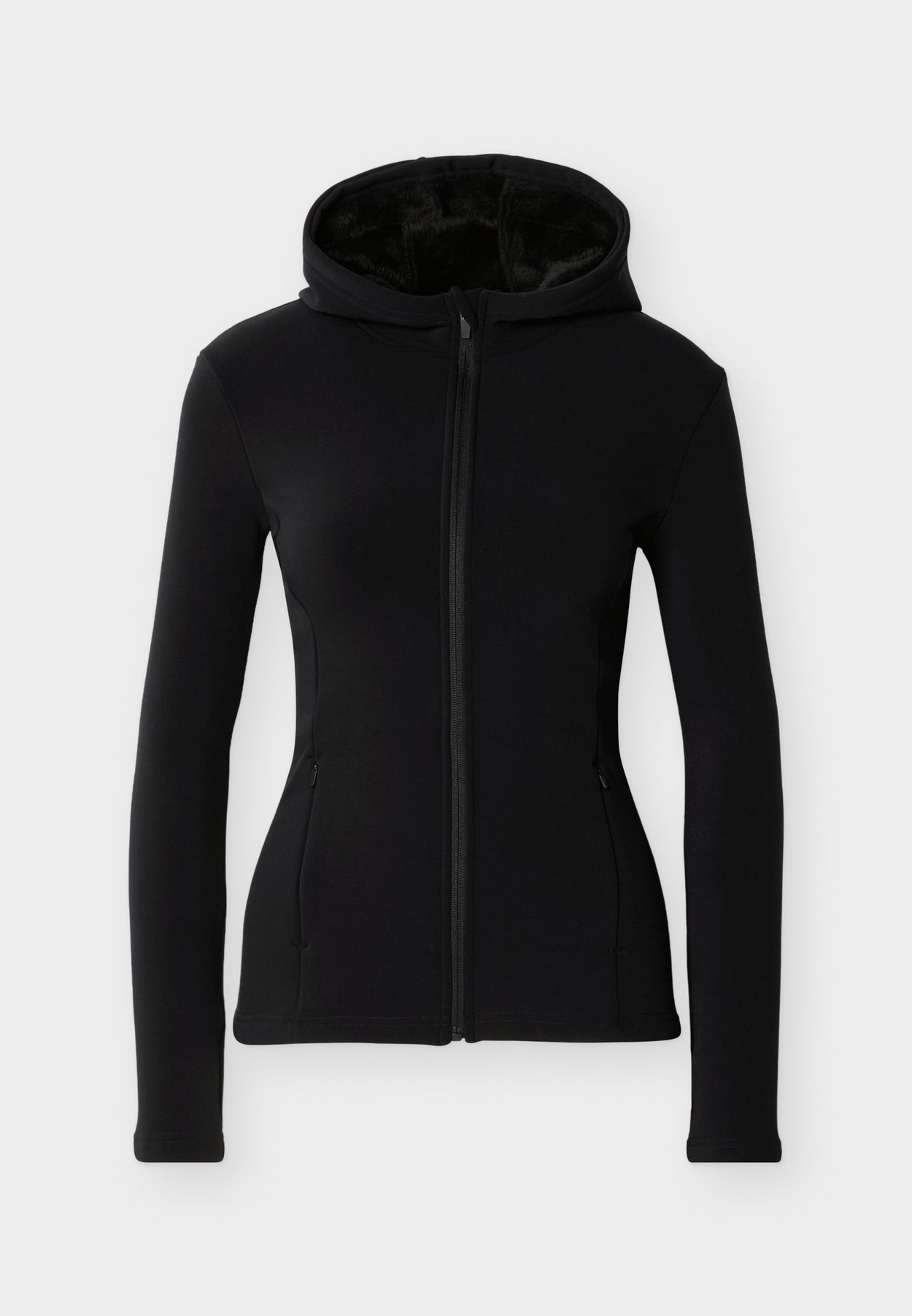 FUR LINED HOODED HIGH NECK FULL ZIP SPORTS JACKET WITH ZIP POCKETS