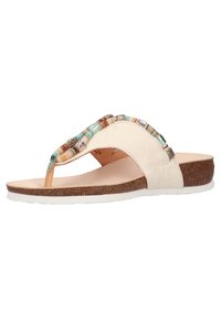 Weiße Lederzehentrenner-Sandalette mit mehrfarbigen Perlenakzenten, Korkfußbett und weißer Gummisohle. Die Seitenansicht hebt das Design und die Materialien hervor.