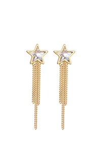 Guldstjärnformade örhängen med klar rhinestones mitt, med hängande guldchain för extra längd och rörelse.