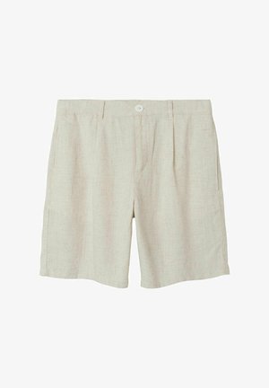 Beige linen shorts with a relaxed fit, featuring pleats at the front, two side pockets, and a single button closure. Textured fabric.