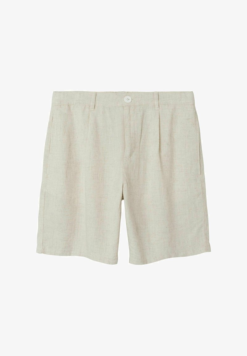 Bež lanene kratke hlače sproščenega kroja, z nagubami spredaj, dvema stranskima žepoma in enim gumbom za zapiranje. Teksturovana tkanina.