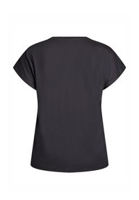 Černý krátký rukáv top s kulatým výstřihem a zakřiveným lemem. Hladká látka s uvolněným střihem a bez viditelných zapínání nebo ozdob.