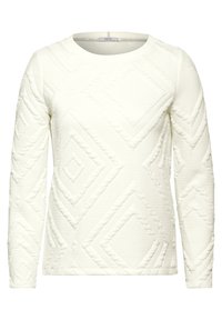 Weißer Langarm-Sweatshirt mit strukturiertem Muster aus Rautenformen, rundem Ausschnitt und gerippten Bündchen. Hergestellt aus weichem, leichtem Material.