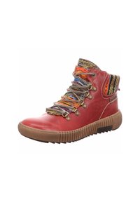 Stivali alla caviglia in pelle rossa con accenti in maglia multicolore, occhielli in metallo e una suola in gomma testurizzata con un battistrada robusto.