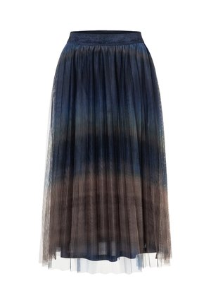 Pleated midi skirt with layered tulle fabric in dark blue and brown gradient, featuring a fitted waistband.