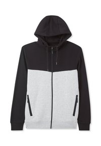 Felpa con cappuccio e zip, caratterizzata da un design a blocchi di colore; pannello superiore nero e sezione inferiore grigia. Presenta tasche frontali e cordini regolabili.