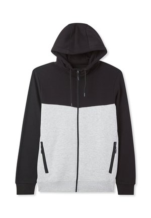 Kapturowa bluza zapinana na zamek z kolorowymi blokami; czarna górna część i szara dolna. Posiada przednie kieszenie i regulowane sznurki.