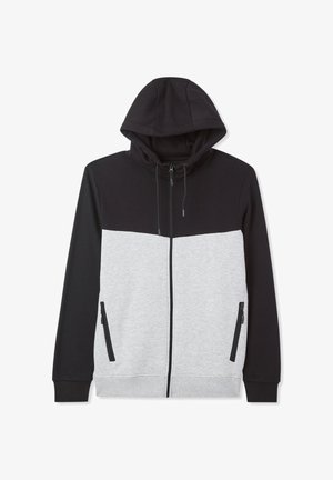 Kapturowa bluza zapinana na zamek z kolorowymi blokami; czarna górna część i szara dolna. Posiada przednie kieszenie i regulowane sznurki.