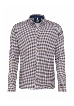 Chemise à manches longues en vichy marron et bleu avec un col boutonné, une poche poitrine et des boutons sur le devant. Tissu en coton au toucher lisse.