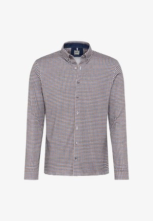 Braun- und blau-karierter Langarmhemd mit Button-Down-Kragen, Brusttasche und vorderen Knöpfen. Baumwollstoff mit glatter Textur.