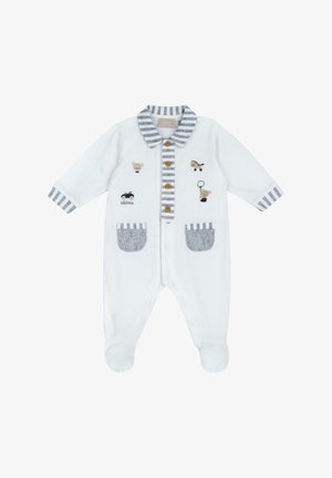 Combinaison en coton blanc avec un col et des poignets rayés, ornée de broderies d'animaux, de boutons en bois et de deux poches en patch gris.