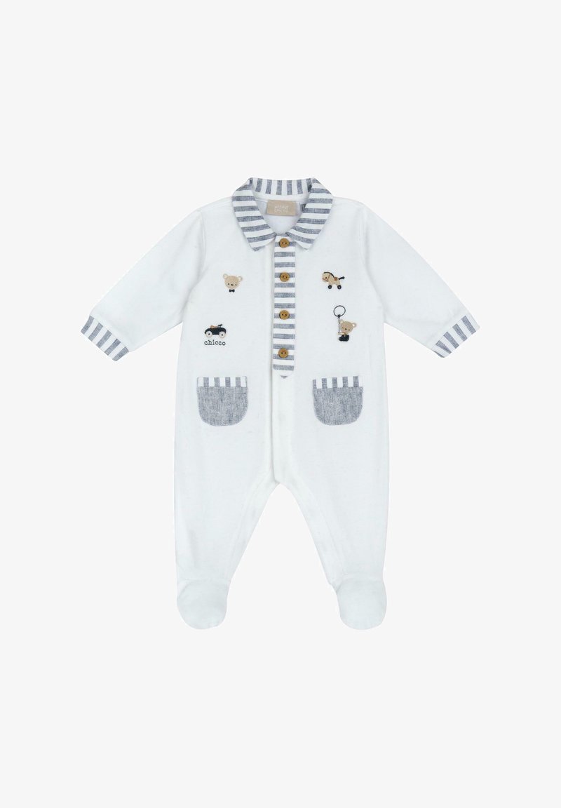 Combinaison en coton blanc avec un col et des poignets rayés, ornée de broderies d'animaux, de boutons en bois et de deux poches en patch gris.