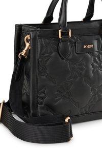 Borsa a tracolla in pelle nera con motivo floreale stampato, dotata di manici superiori, una tracolla staccabile e dettagli in metallo color oro.