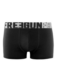 Boxer-chaussettes en coton noir avec une ceinture élastique blanche arborant le mot "FREEGUN" en lettres noires en gras. Texture lisse et design ajusté.