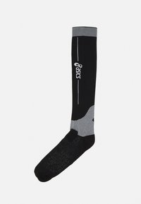 Sorte kompressionssokker med lysegrå accenter. Har tætsiddende sål og forstærket hæl. "Asics"-logoet trykt i hvid. Knæhøj design.