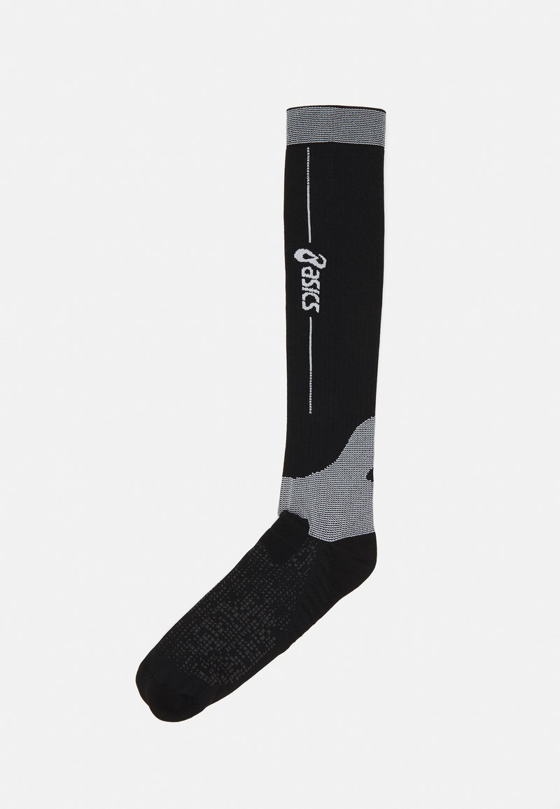Sorte kompressionssokker med lysegrå accenter. Har tætsiddende sål og forstærket hæl. "Asics"-logoet trykt i hvid. Knæhøj design.