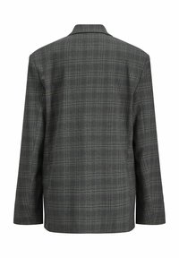 Temno sivi sako z diskretnim svetlo modrim in belim karirastim vzorcem, prikazan od zadaj z dolgimi rokavi in klasičnim ovratnikom.