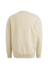 Sudadera beige, mezcla de algodón, cuello redondo, de manga larga, puños y dobladillo acanalados, textura suave, diseño minimalista, vista trasera.