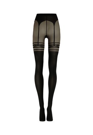 Calze nere trasparenti con effetto steccato e motivi a bande orizzontali sopra le ginocchia, esposte su uno sfondo bianco.