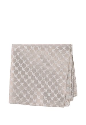 Beige quadratische Stoffserviette mit einem dezenten, sich wiederholenden Blumen- und Punktemuster, ordentlich gefaltet auf weißem Hintergrund.