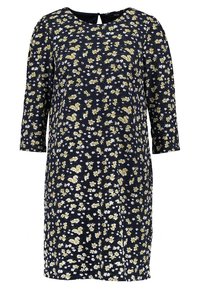Ciemnogranatowa sukienka w kwiatowy wzór w odcieniach żółtego i białego. Posiada rękawy o długości trzy czwarte oraz detal w postaci keyhole na plecach. Miękka tekstura materiału.